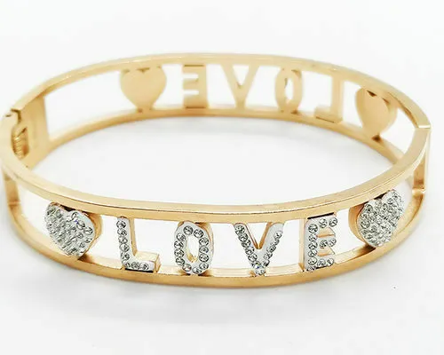 Bracciale Donna Rigido Acciaio Inox Rose Gold Cristalli Bianchi Scritta LOVE