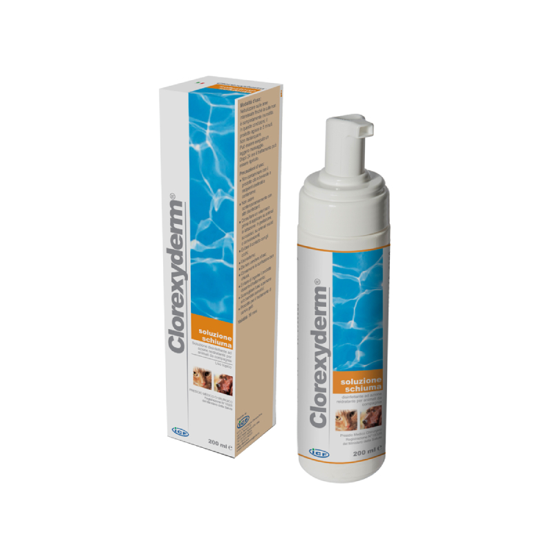 CLOREXYDERM SOLUZIONE SCHIUMA (200 ml) – Soluzione schiuma disinfettante delicata ad azione emolliente per cani e gatti