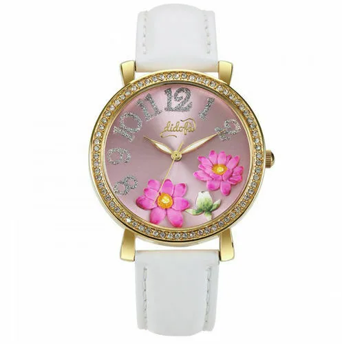 Didofa Orologio Donna Pelle Quadrante 3D Fior di Loto Lake Floreale Bianco Oro