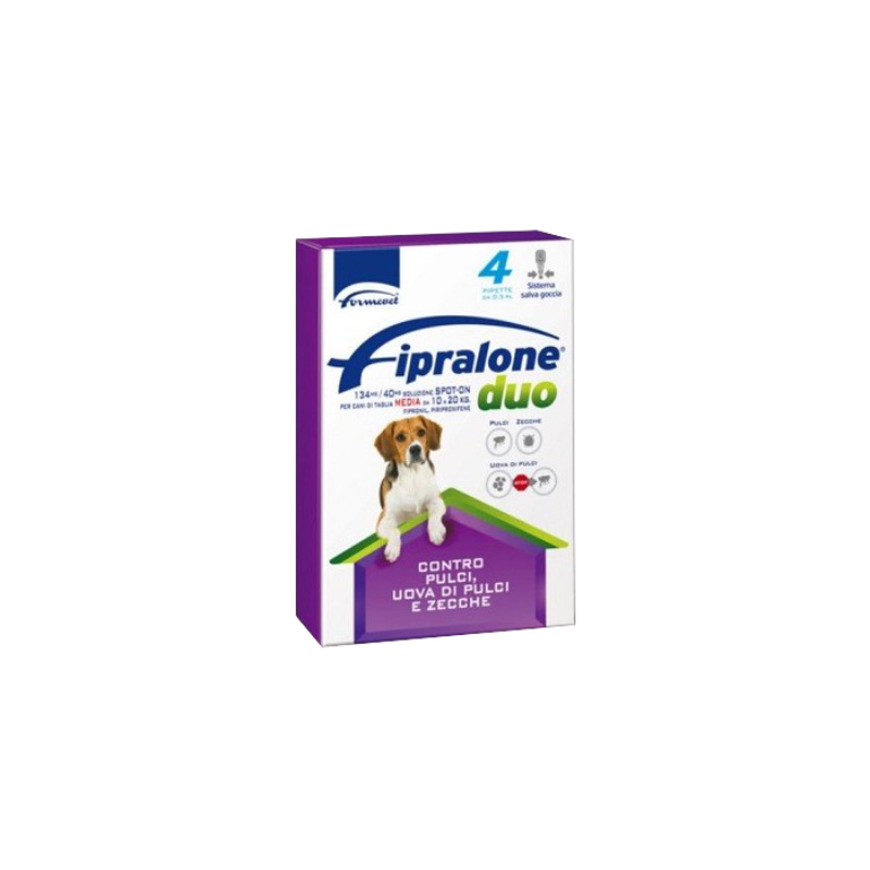 FIPRALONE DUO CANE VIOLA 10/20 KG (4 pipette) – Antiparassitario completo in pipette per cani di media taglia