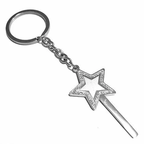 Portachiavi Donna Acciaio Inox Zirconi Bianchi Bacchetta Magica Fata + Incisione