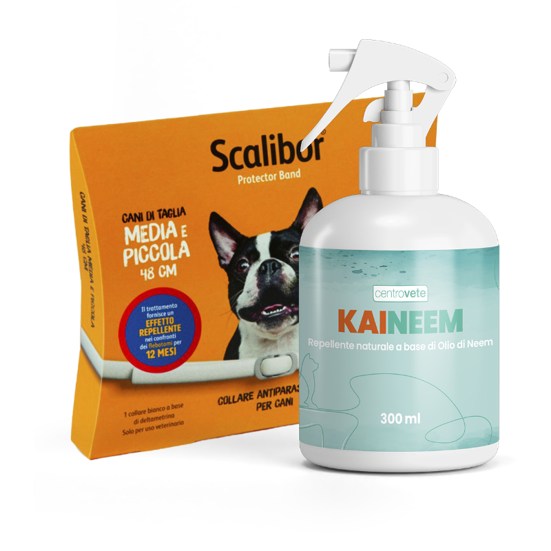 SCALIBOR (48 cm) + KAINEEM (300 ml) – Pratico kit per protezione antiparassitaria completa e naturale per cani piccoli e medi