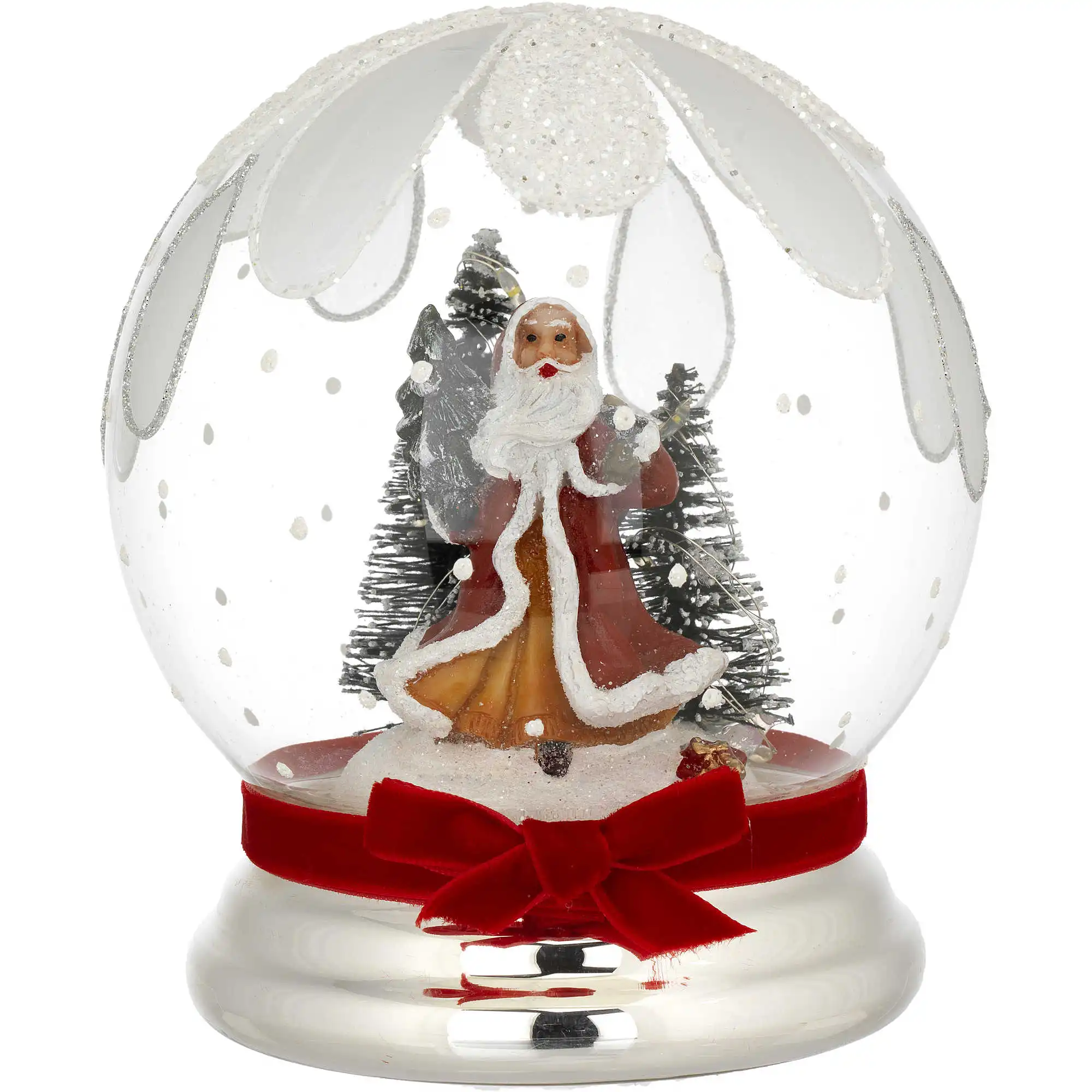 Sfera Natalizia Regalo In Argento e Vetro Soffiato Luce Led Calda Babbo Natale