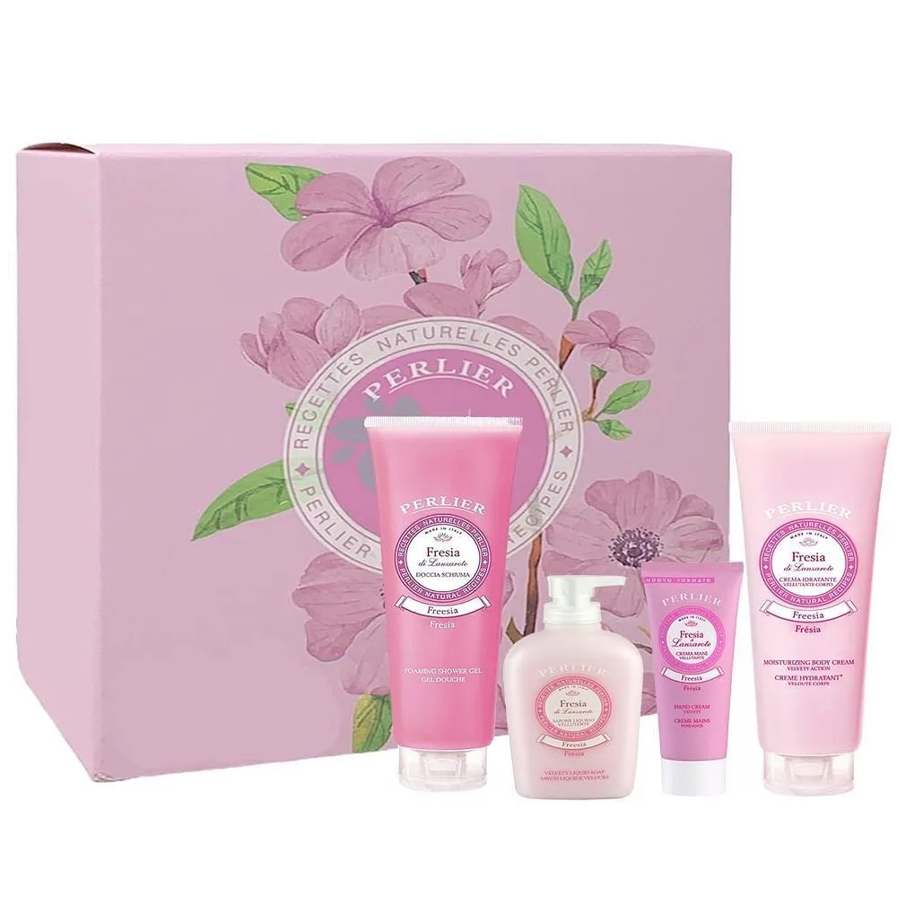 Perlier Set Regalo Donna Sapone Liquido Gel Doccia Crema Corpo Crema Mani Fresia